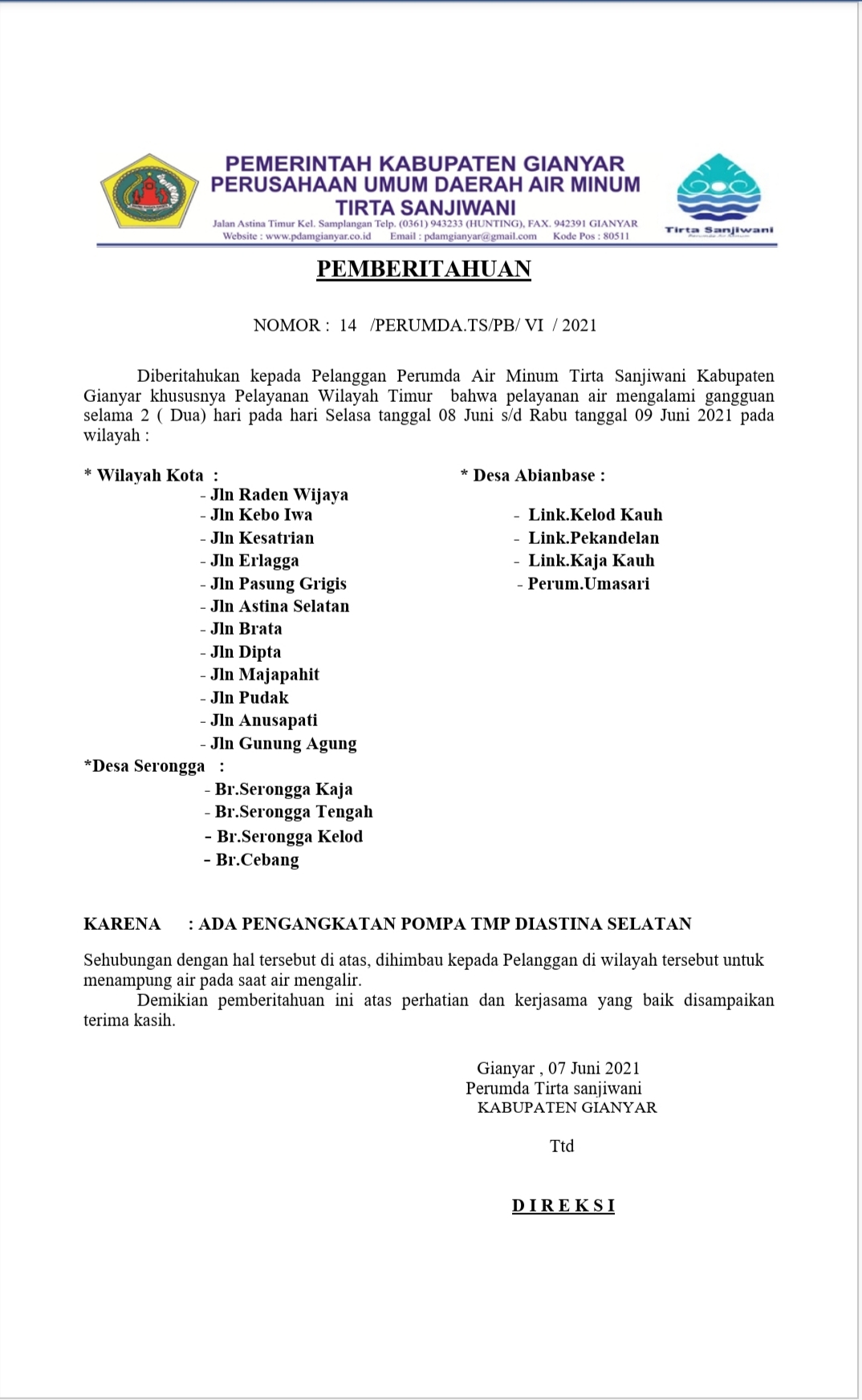 Info berita,Layanan PDAM,Kegiatan PDAM,gangguan layanan pdam,Berita PDAM,PERUMDA AMTS,PERUMDA AMTS Kabupaten Gianyar